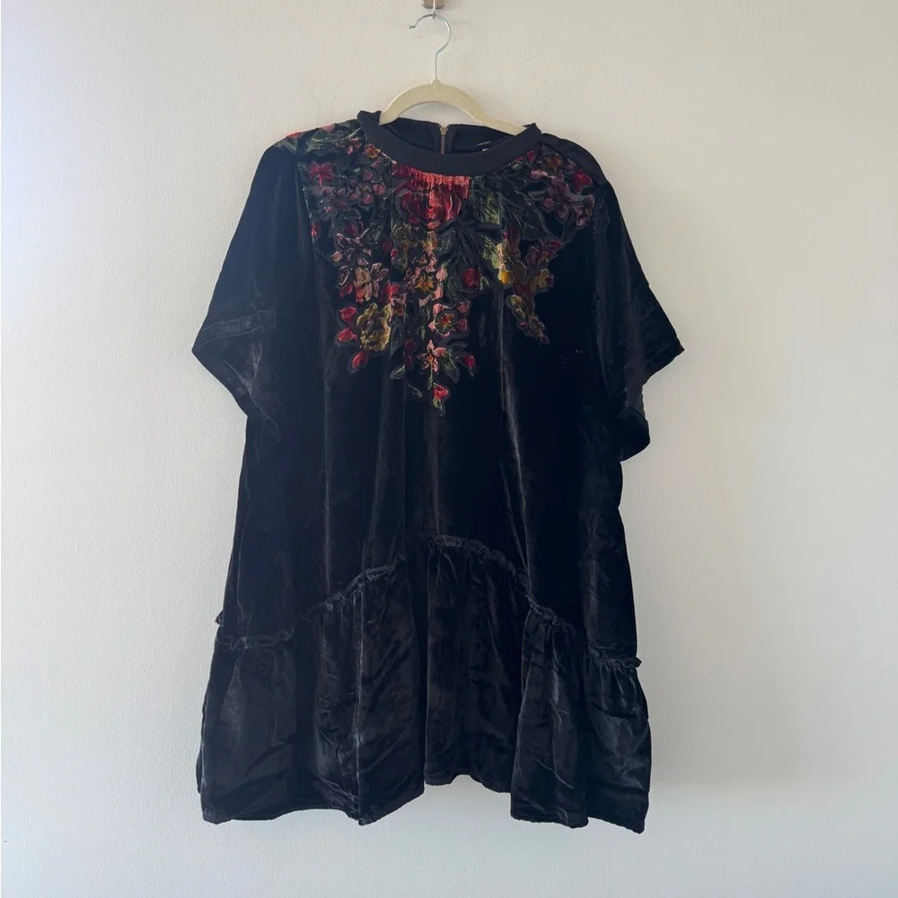 Free People Black Velvet Mini Dress with Red & Green Floral Embroidery